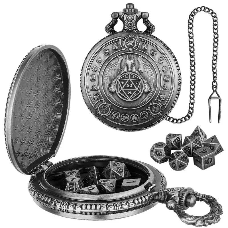 Board Game Roleplay - Antike Drachenflügel-Taschenuhr mit Kette, 7-teiliges Set