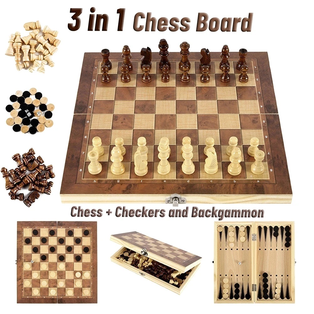 Board Game Zenith - 3-in-1 Holz-Dame-Backgammon-Schach-Set, tragbares, faltbares Brettspiel für